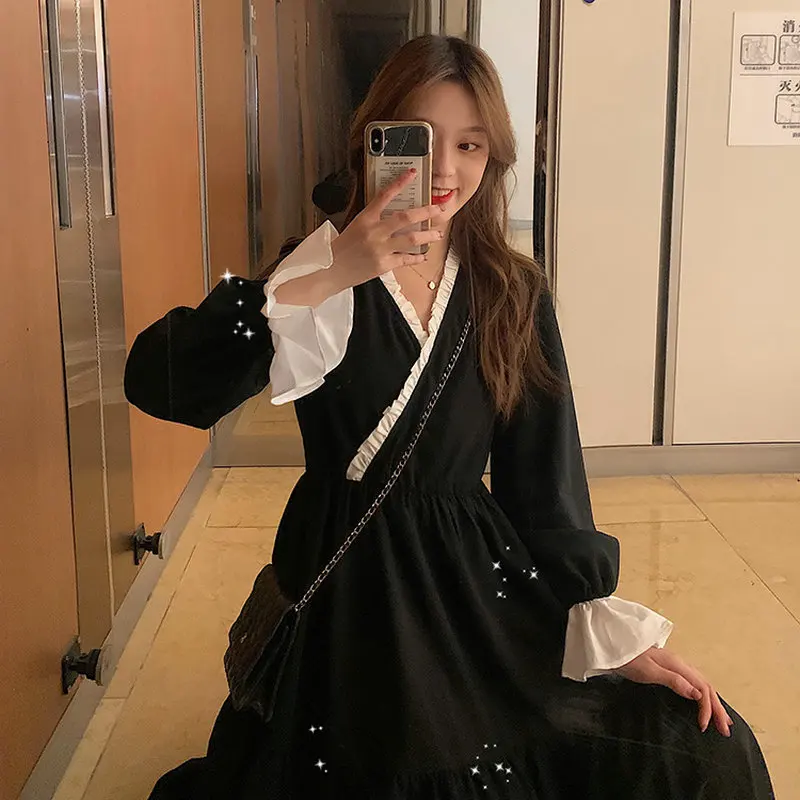 2021 Korean Style Black Autumn Women Dress Vintage Dresses Spring Long Lotus Sleeve Dress
