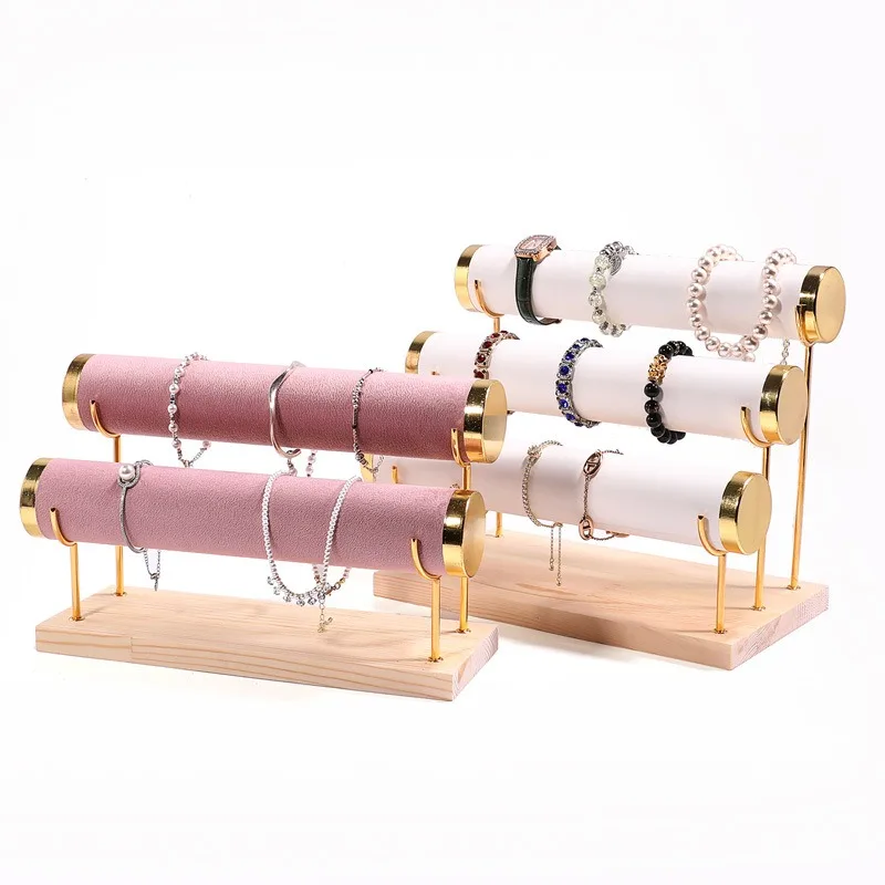 New Beautiful 1 2 3 Bar Gold Metal Wood Base Jewelry Bracelet Chains Display Stand Holder