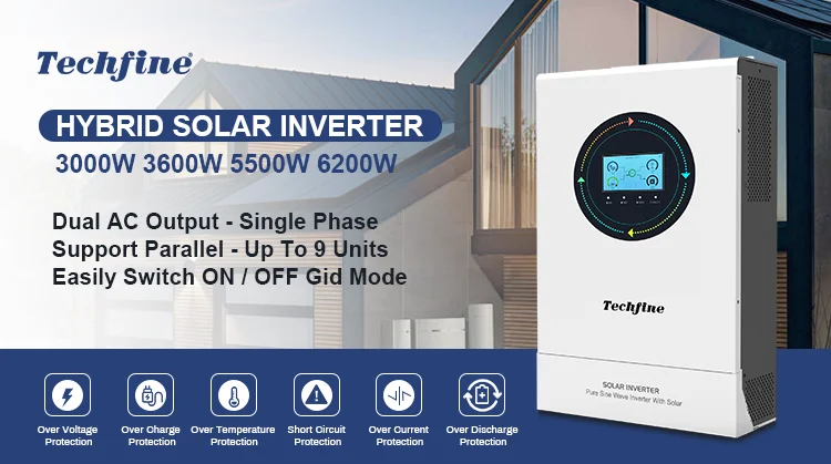 Techfine 3KW 3.6KW Dual Output On Off Grid Solar Inverter 24V 48V Pure Sine Wave Hybrid Solar Inverter With MPPT Controller