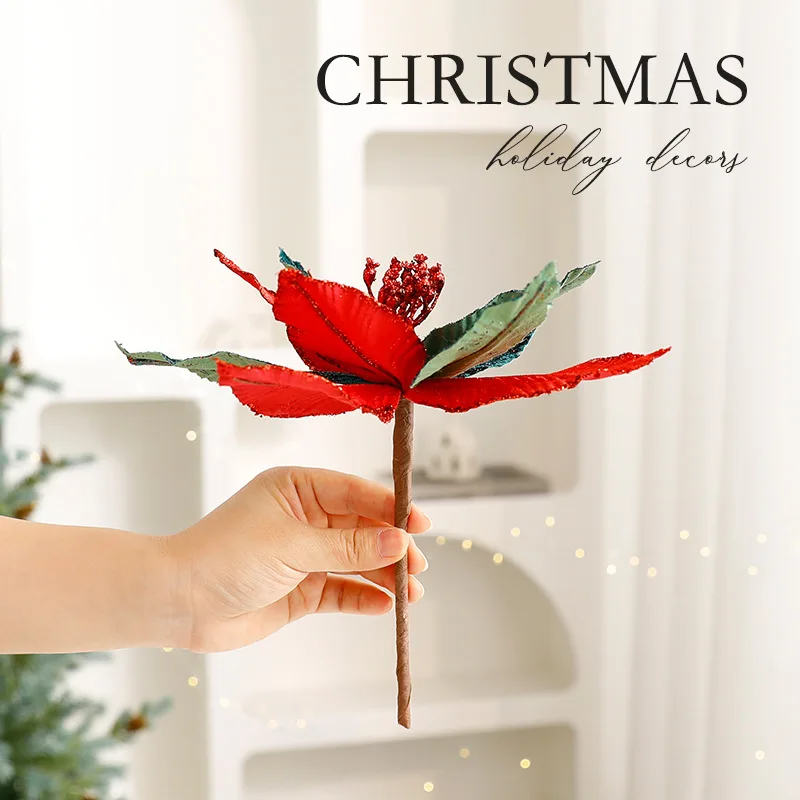 S22 27cm Sequin Artificial Christmas Flower Xmas Decoration Velvet Luxury Christmas Tree Plastic Flowers Christmas Flowers