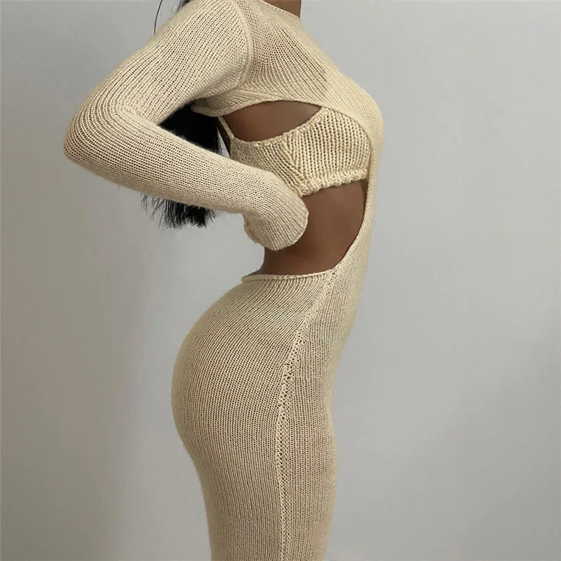 Fall New Women Clothes Plush Thick Long Sleeve Hollow out Maxi Skirt Set 2 Piece Long Dress Sets