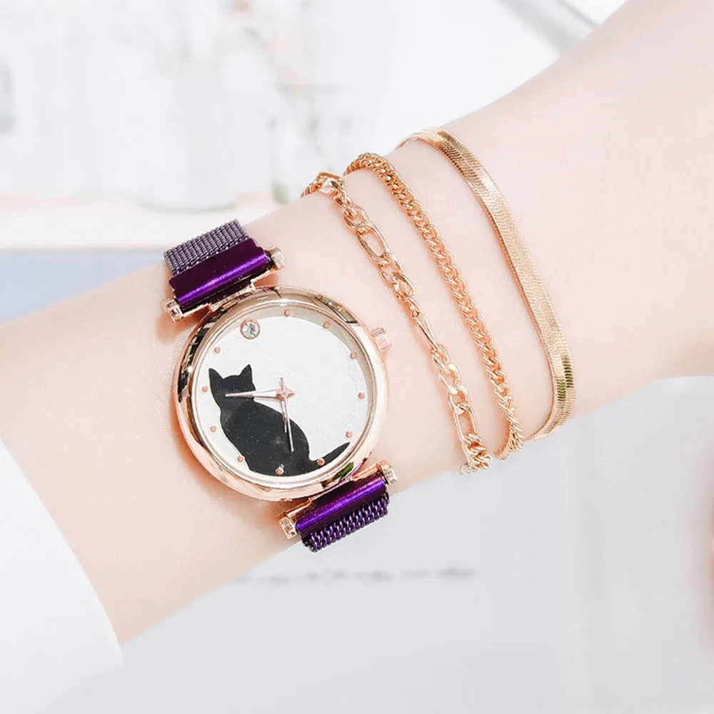 New Magnetic Watch Set Women Quartz Wristwatch Mesh Bracelet Cute Cat Dial Ladies Watches