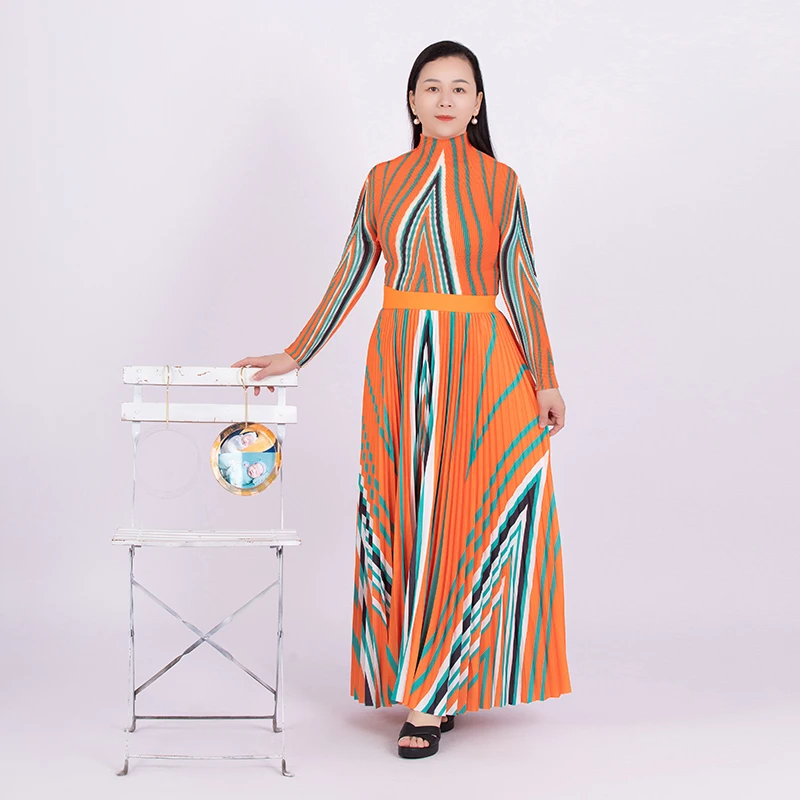 Плиссированная одежда Tianbao Miyake оптовая продажа осенняя Новинка полосатая плиссированная футболка с длинным рукавом свободная юбка