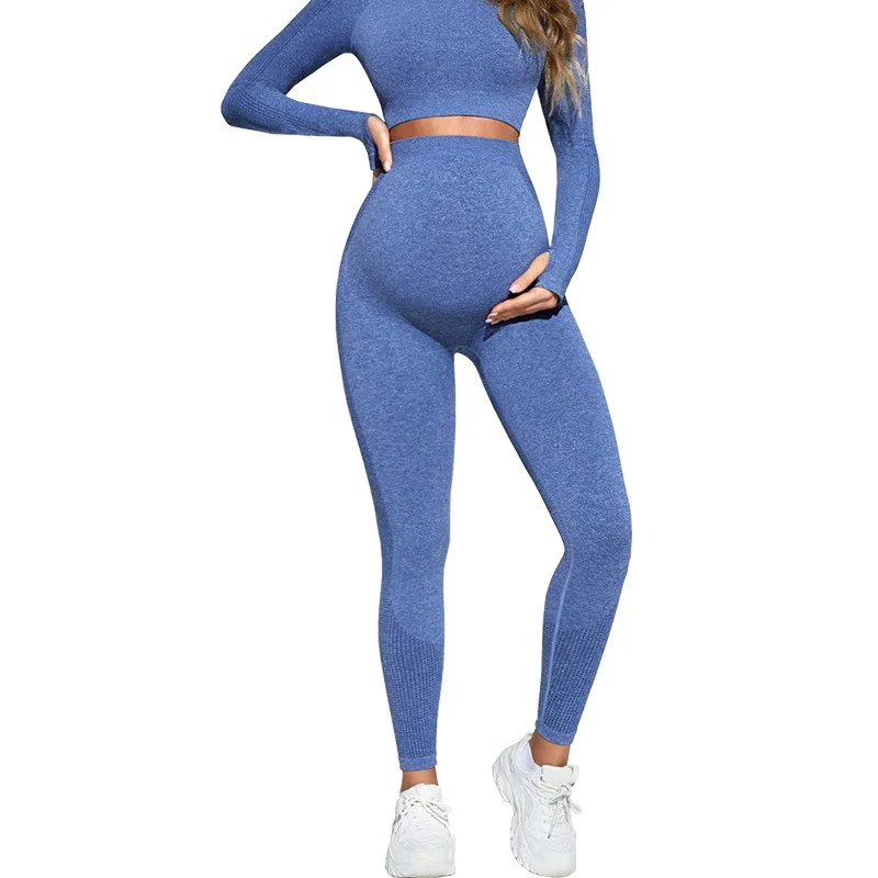 Seamless Knitted Pregnant Women Long Sleeve Yoga Set Europe America Sexy Abdominal Support Peach Hip Tight Maternity Sports Set