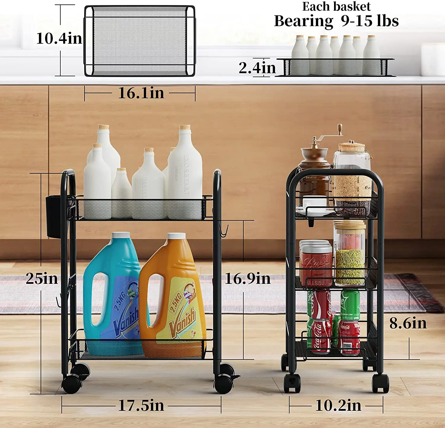 Vonssen Easy-Carry and Assembly Mesh Trolley 3 Tier All-Metal Rolling Cart