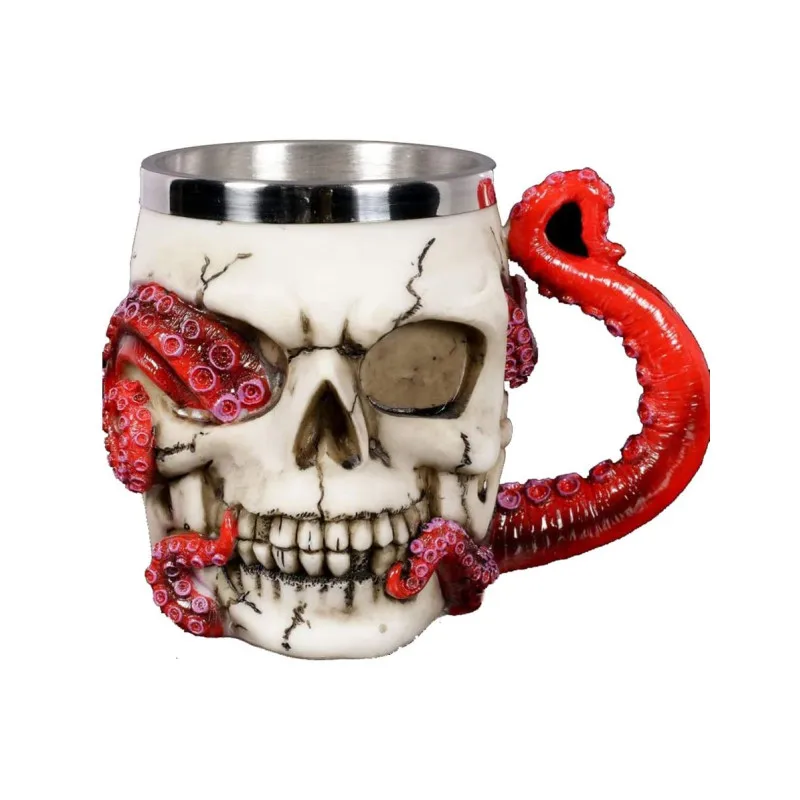 Skull Mug Parasite Octopus Beer Coffee Mugs with Tentacle Handle, Stainless Steel and Resin Tankard Skeleton Cranium Beverage