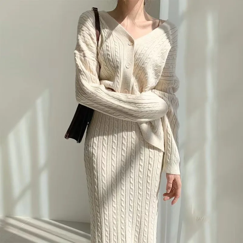 2024 Autumn knit set short knitted cardigan top and slim dress knit two-piece set for women