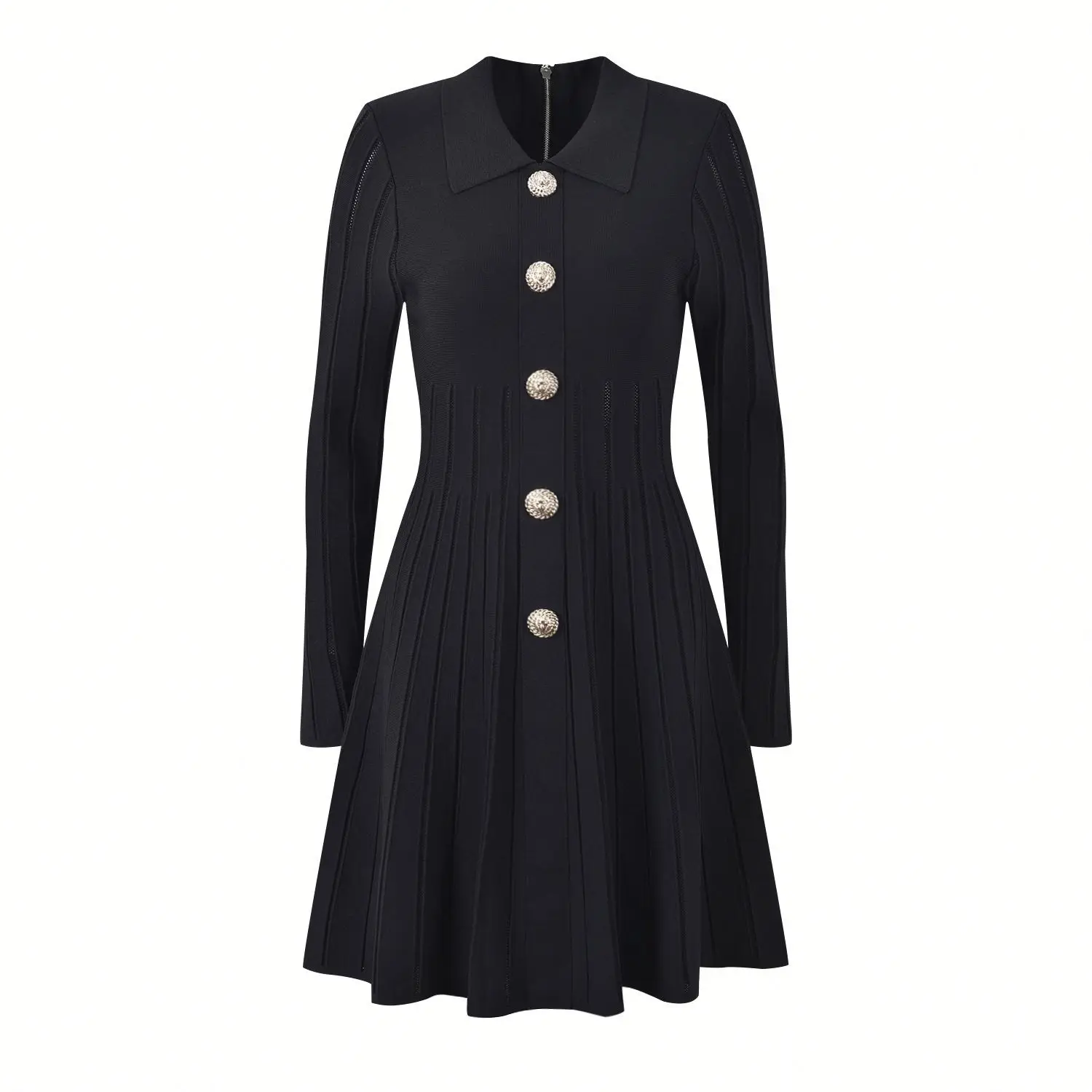 French Style Temperament Socialite Buckle Polo Collar Slim Fit Slimming A- line Knitted Long-Sleeved Dress
