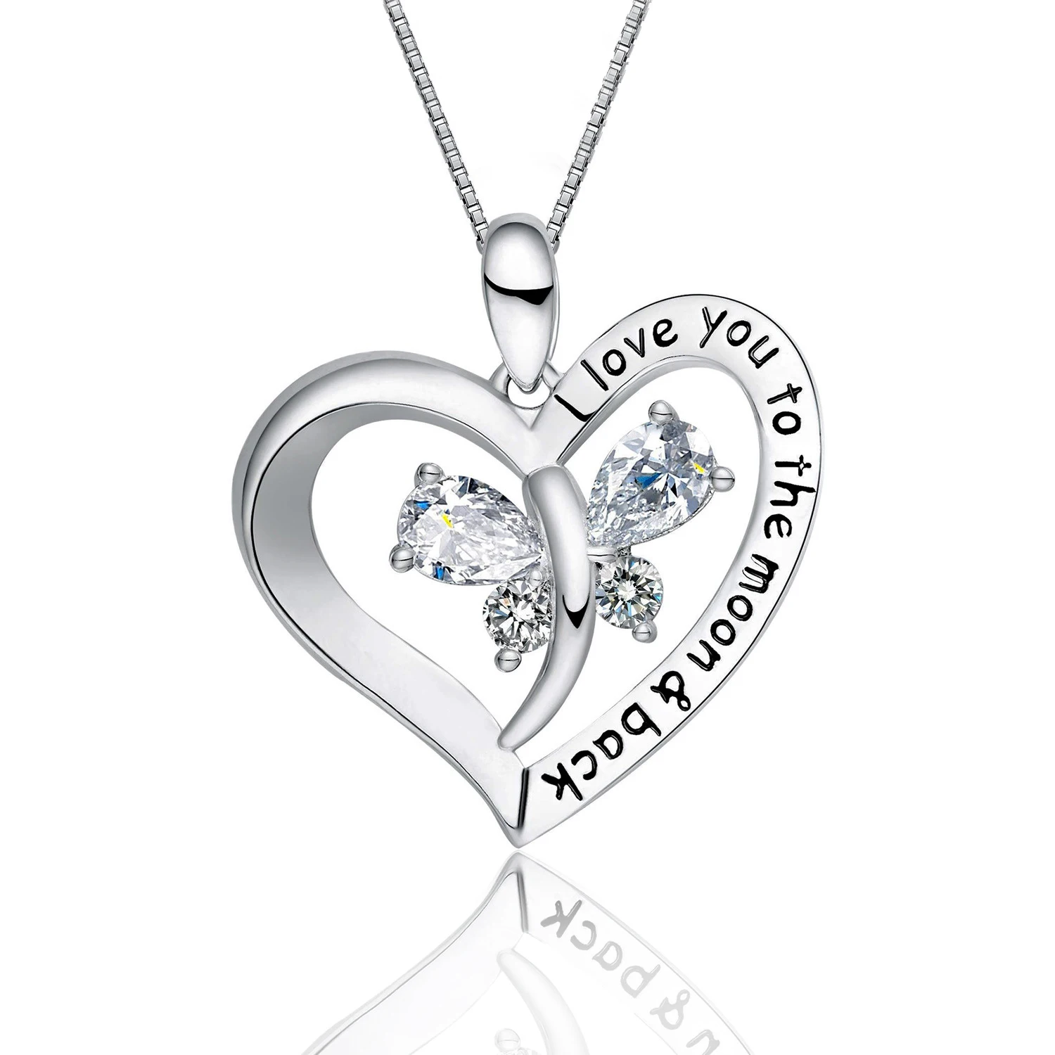 I Love You to The Moon and Back Necklace 925 Sterling Silver Butterfly Heart Pendant Necklace Jewelry Gifts for Women Mom Wife