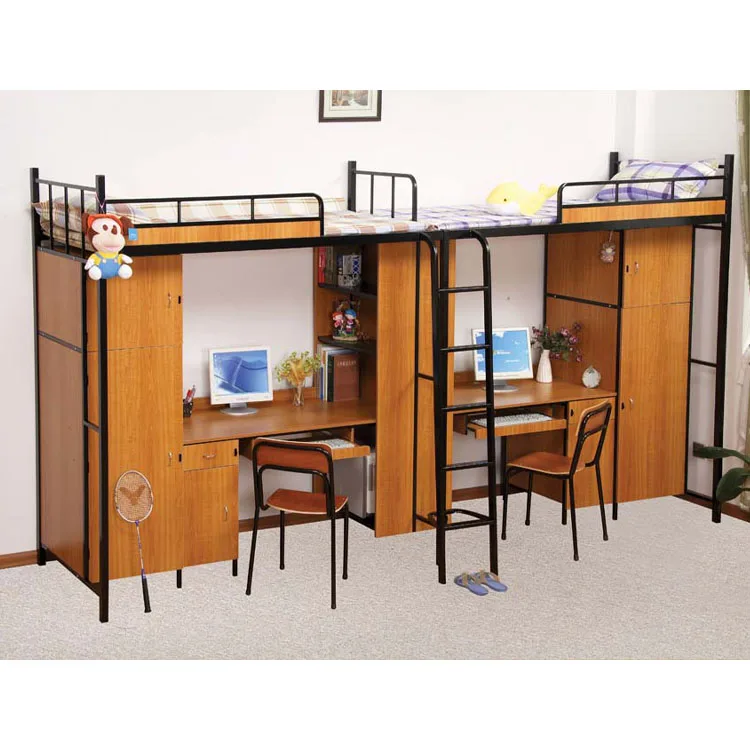 Good Selling Colorful Wood school dormitory double children bunk bed with desk wardrobe
