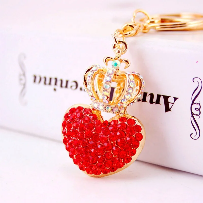 Low MOQ Promotional Rhinestones colorful Crown Heart Shaped Lover Car Metal keychain