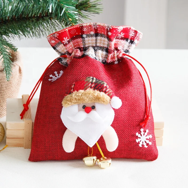 New cute linen candy gift drawstring jute bags christmas with bells