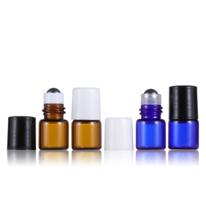 1ml 2ml 3ml 5ml 10ml amber blue glass roller bottle for eye cream with steel roller and lid