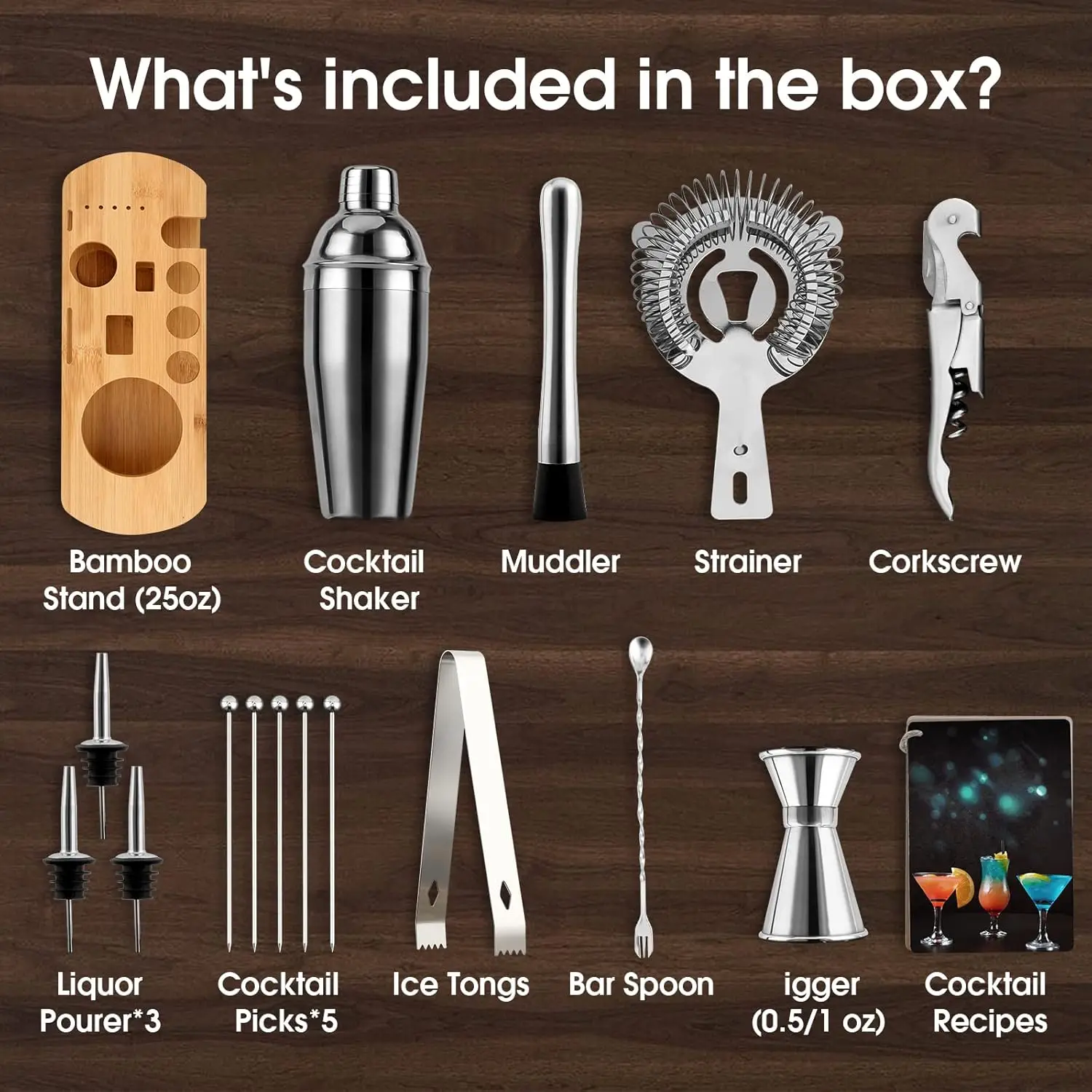 Mixology Bar Tools for Drink Mixing Bartender Kit 304 Stainless Steel Cocktail Shaker Set With Bamboo Wood Stand