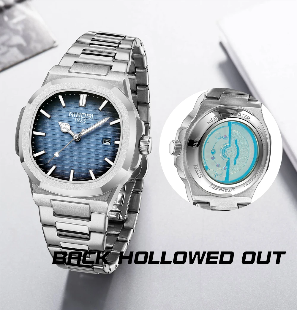 NIBOSI 2619 Imitated Mechanical Design Quartz Watches Stainless Steel Band Luminous Wristwatches for Male Clock Wholesale