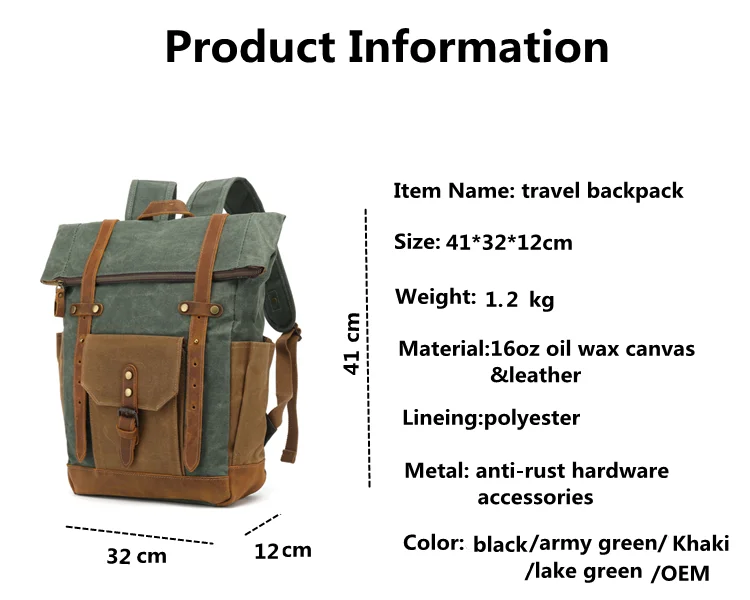 Custom recycled Rpet polyester roll top Travel Casual Rucksack backpack waterproof waxed canvas with cowhide leather backpack