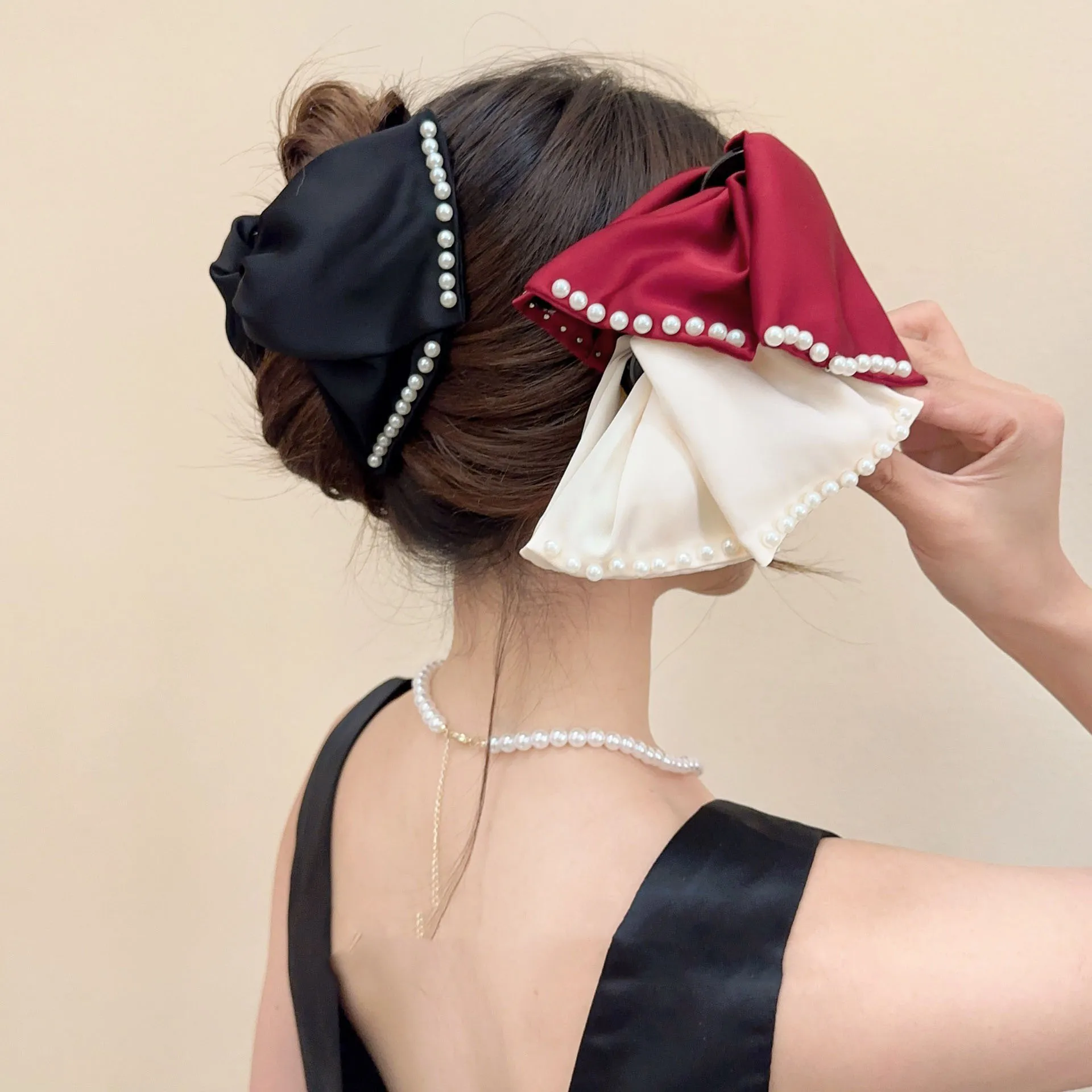 New arrival Black large bowknot  clips  girls shark clips with pearl  women hair accessories