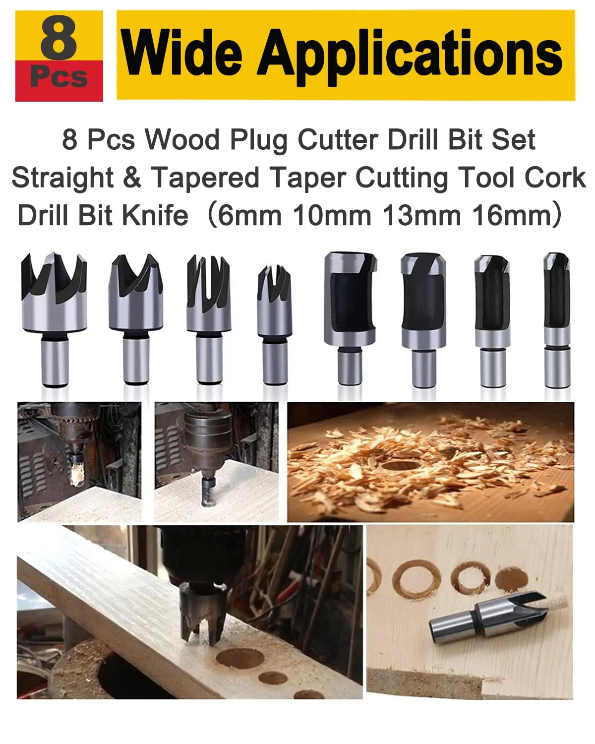8pcs Wood Plug Cutter Drill Bit Set Straight and Tapered Taper Cutting Tool Woodworking Cork Drill Bit Knife 6mm 10mm 13mm 16mm