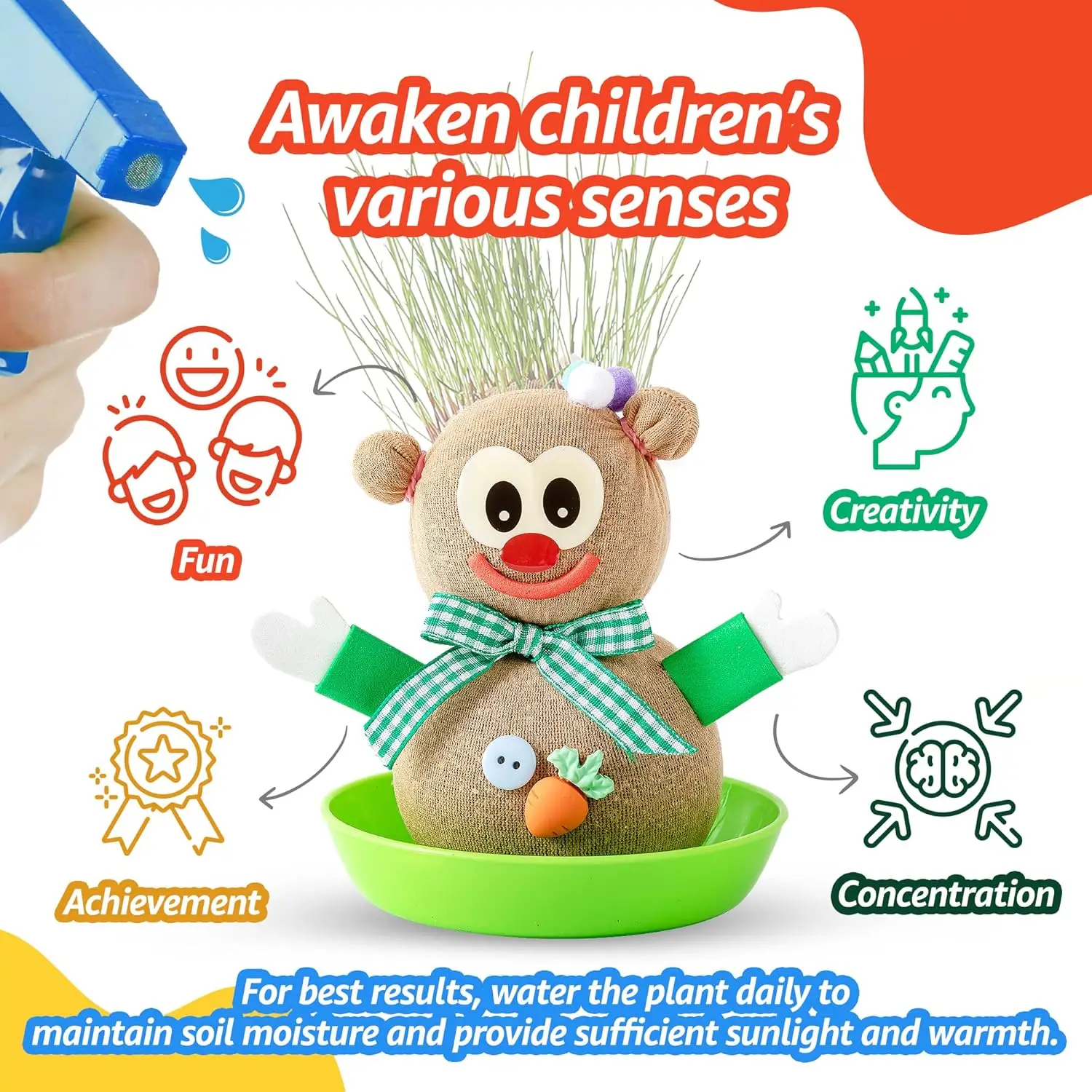 6 Eco Friendly DIY Grass Doll Growing Kit , Playdate  Activity, Party Favors, Craft and Art Gift for Kids