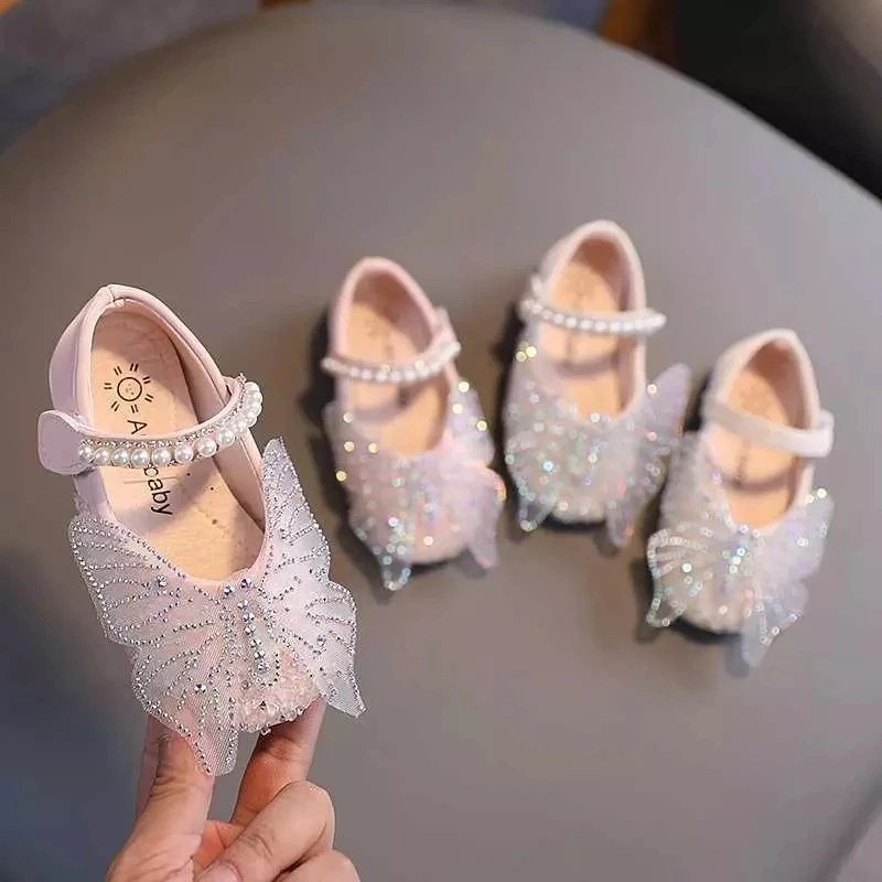 Демисезонные туфли принцессы для девочек, туфли с бабочкой и бусинами, танцевальные туфли для детей, Нескользящие туфли на плоской подошве, 2020