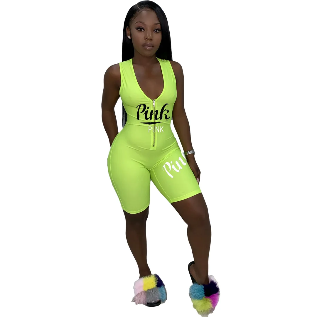 
Wefans 2020 Wholesale Solid color Sport Slimming Zip girls Jumpsuit Women One Piece Short Jumpsuits And Rompers 