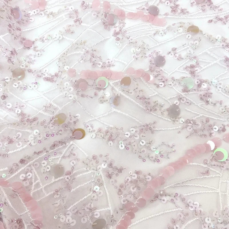 Factory ready goods polyester knitted pink lace mesh embroidery small sequin fabric for bridal wedding