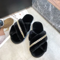 Wholesale Rhinestone Cross Belt Solid Color Furry Slippers Female Fashion Non-Slip Wear-Resistant Open-Toed Home Slippers