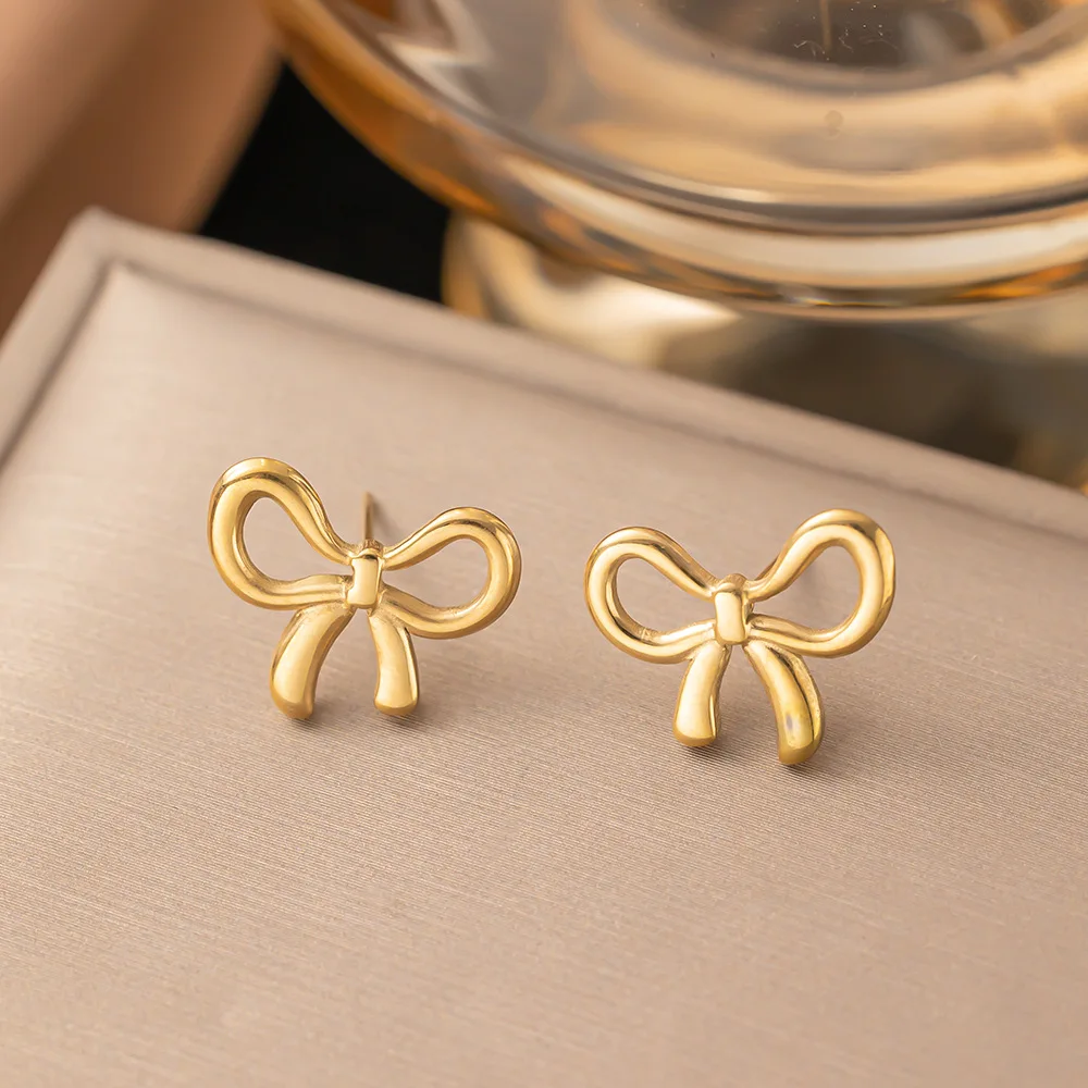 Cross-border Fashion Earrings Women Luxury Temperament Ribbon Stud Earrings Ins Style Gold Bow Butterfly Stud Earrings