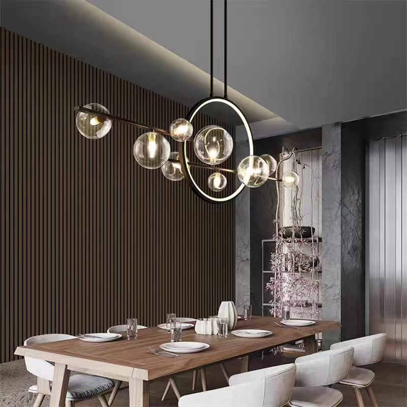 Hot sale Modern dimmable black color glass ball led dinner room long table pendant lighting chandelier