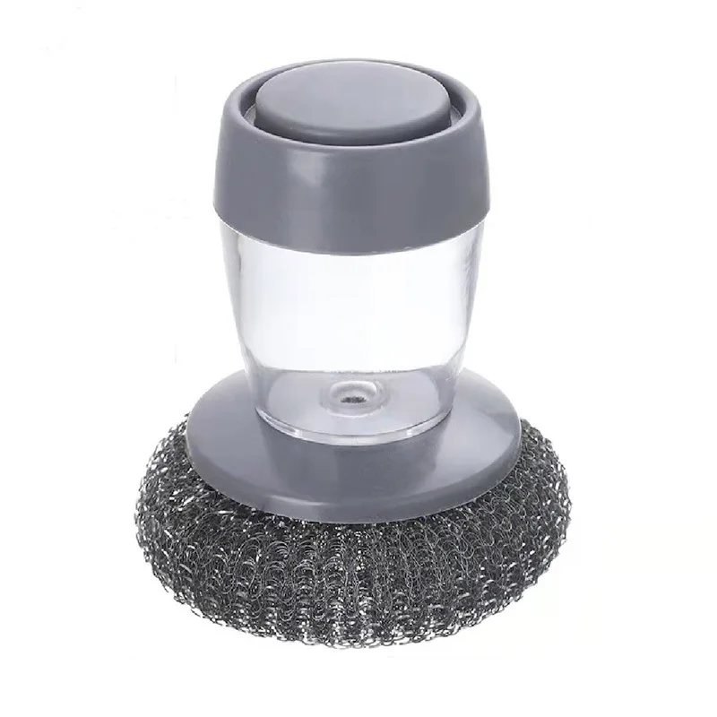 Stainless Steel Pot Scrubber With Handle Automatic Liquid Filling Press Type Kitchen Sink Ball Pot Cleaning Brush