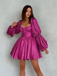 2023 summer dress Sweetheart Neck Frill Trim Dress  Puff sleeve satin Sexy Pink dress women elegant for valentines day gift