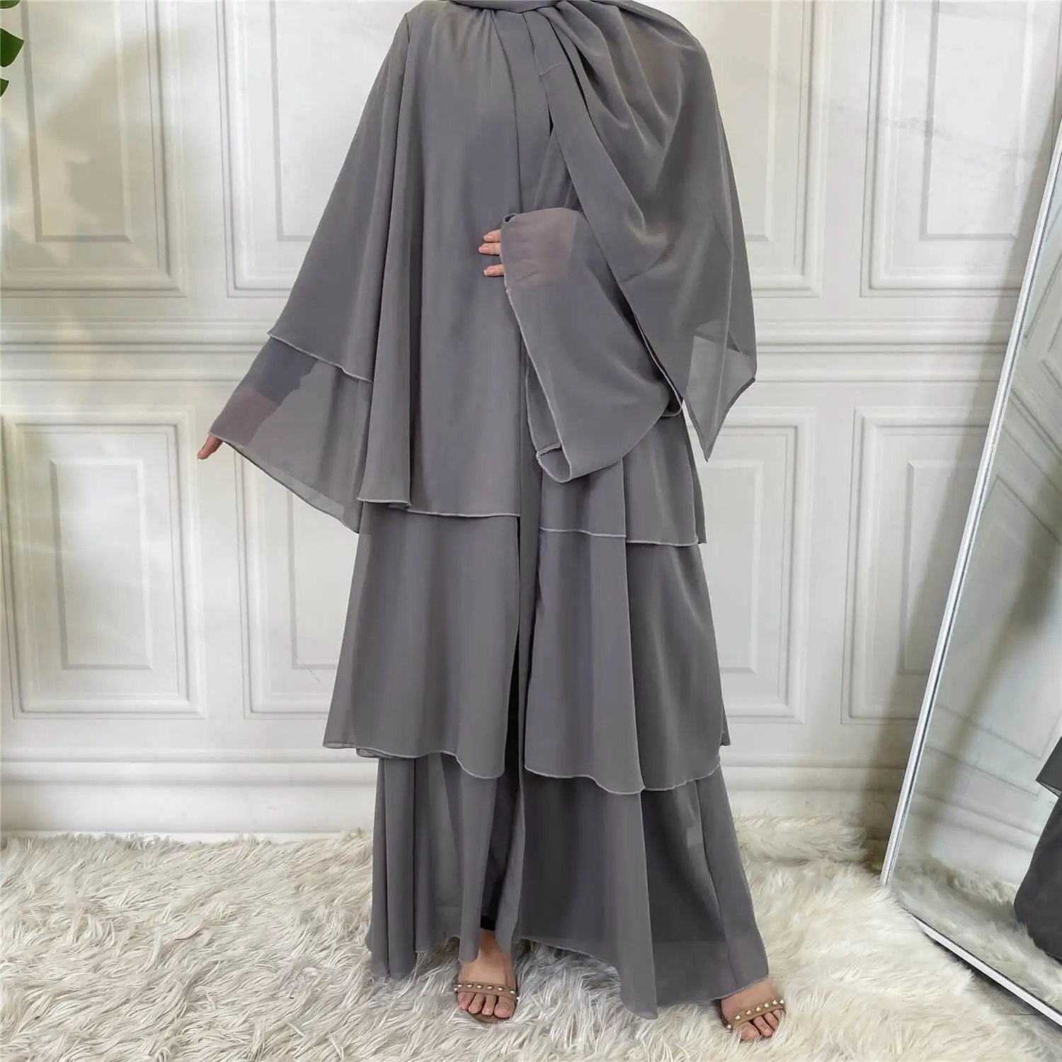 Eid Abaya Dubai Turkey Solid Color 3 Layer Chiffon Open Abaya Kimono Kaftan Cardigan Muslim Dresses For Women Islamic Clothing