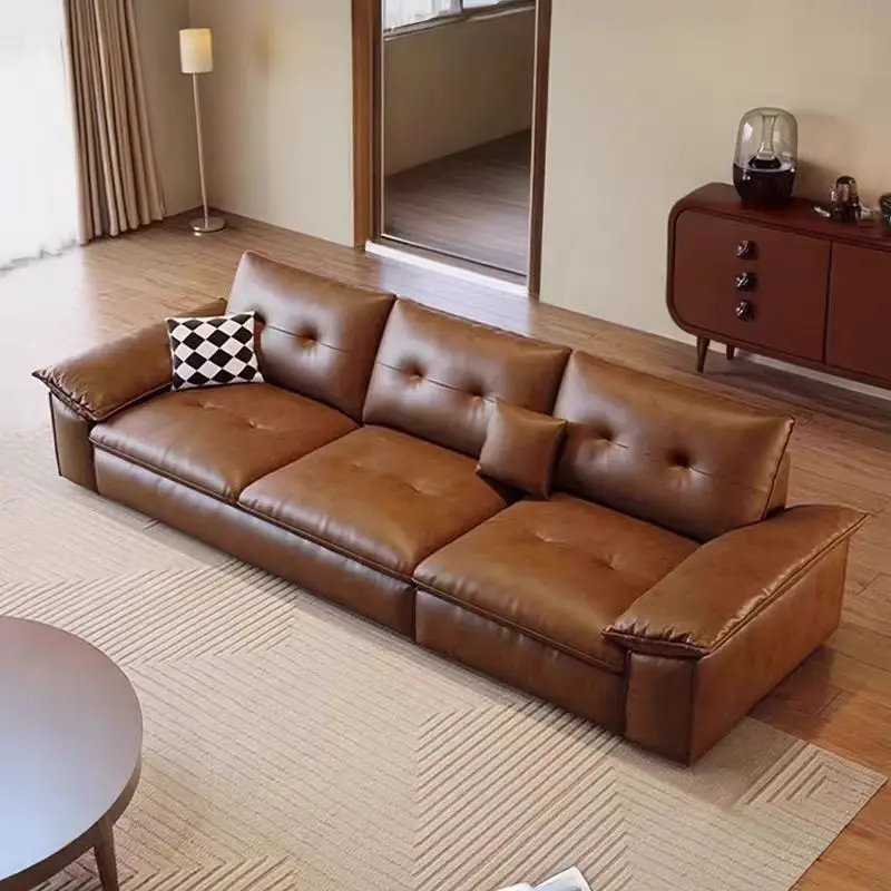 Italian Style Light Luxury Living Room Modern L-shaped Retro Brown Leather Sofa Set Furniture