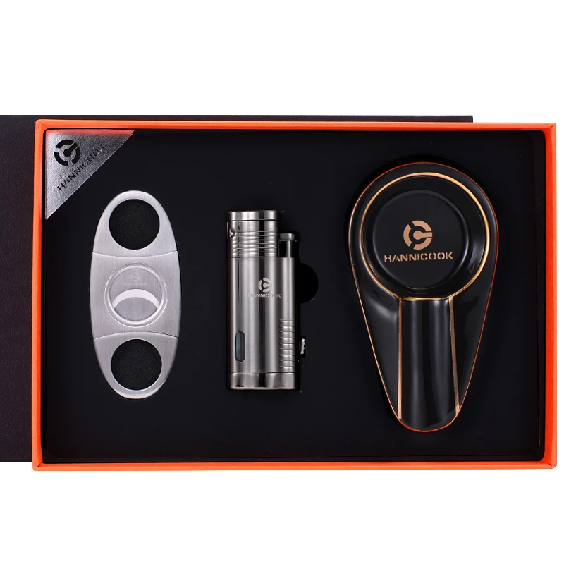 Wholesale custom logo High Quality Custom Cigar Accessories Set Cigar Cutter Lighter 3 Pcs Gift Set for Men cigar gifts set