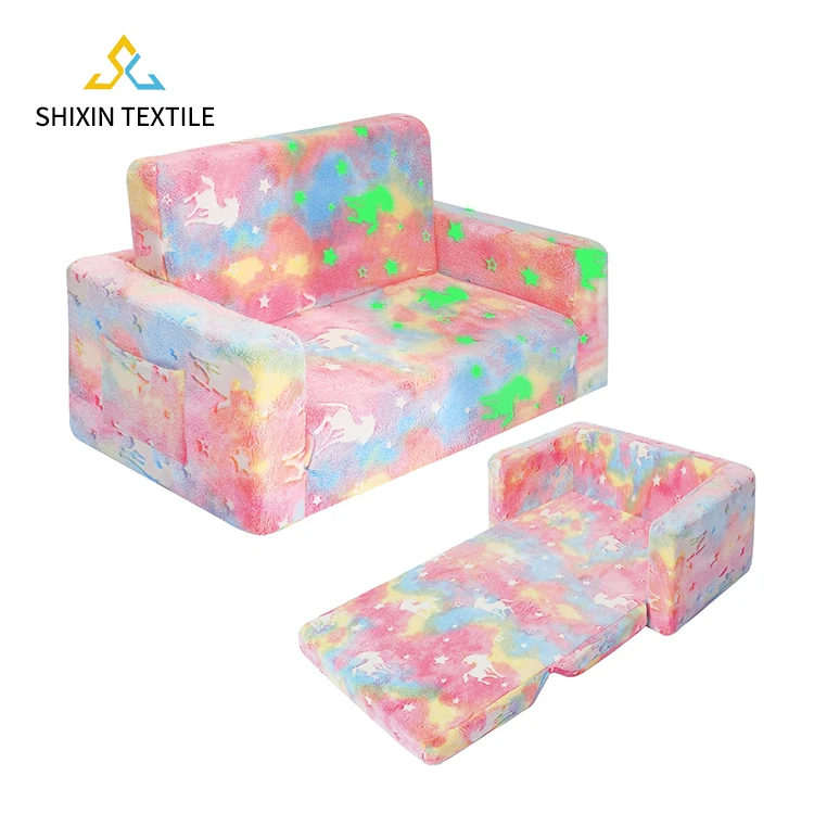 Custom New Type Toddler Fold Out Kids Sofa Chair Convertible Sofa  Pull Out Couch Pink Unicorn Glow in The Dark Sofa Chair