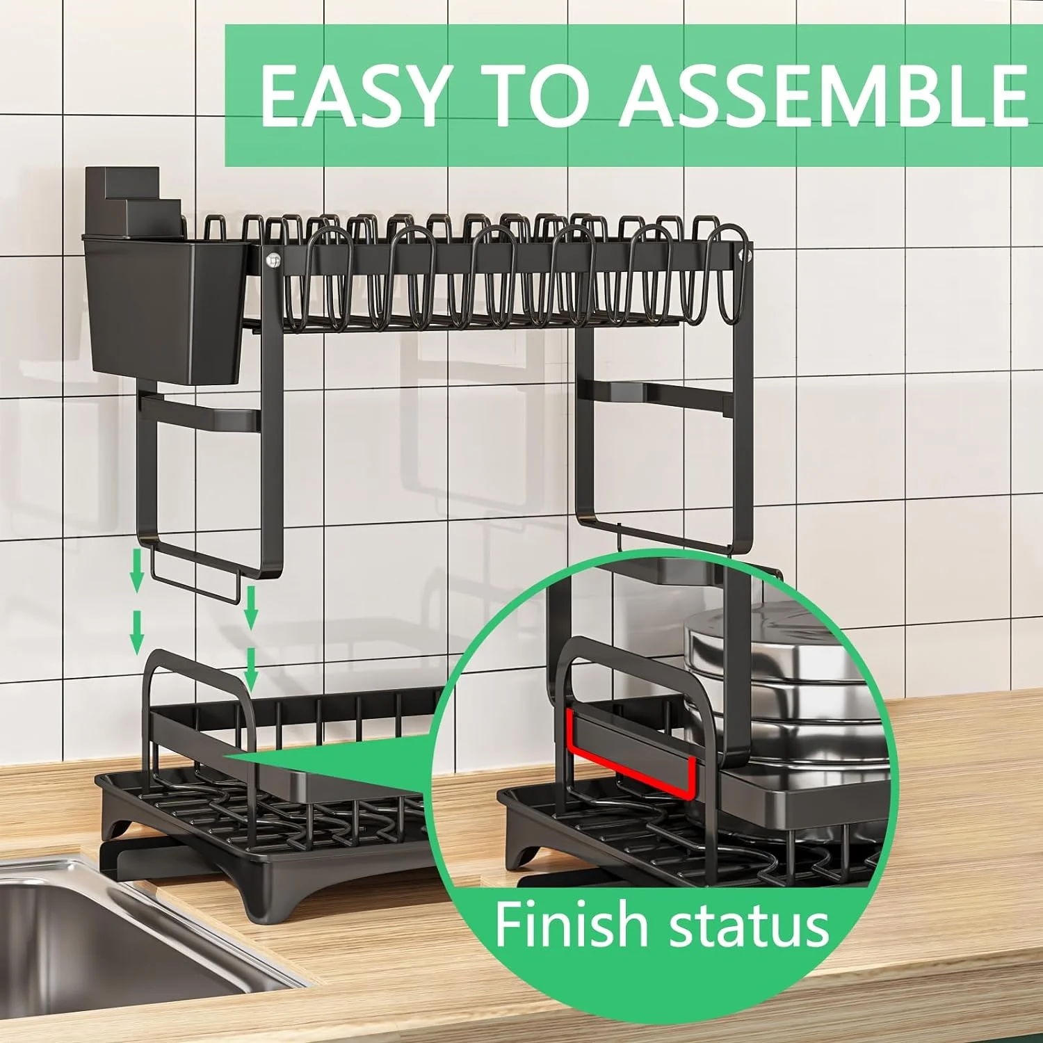 Two-Tier Dish Drying Rack with Cutlery Organizer, Plate Stand, and Removable Water Drip Tray for Compact Kitchens