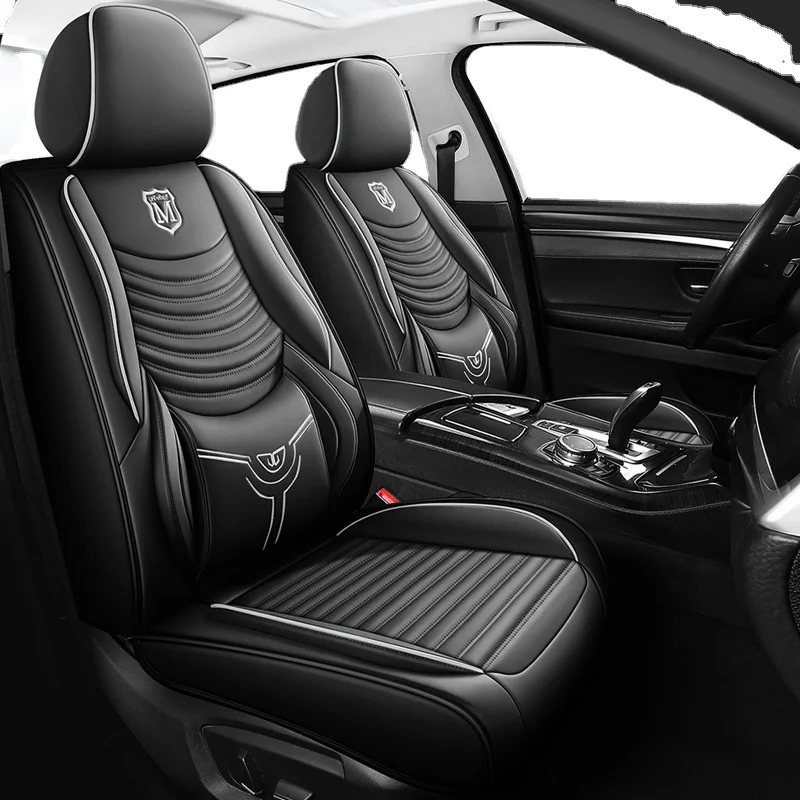 PU Leather Sweat Car Seat Cover 5 Seats Full Set Car Seat Cover Black Fine Needlework Red Line Stitching