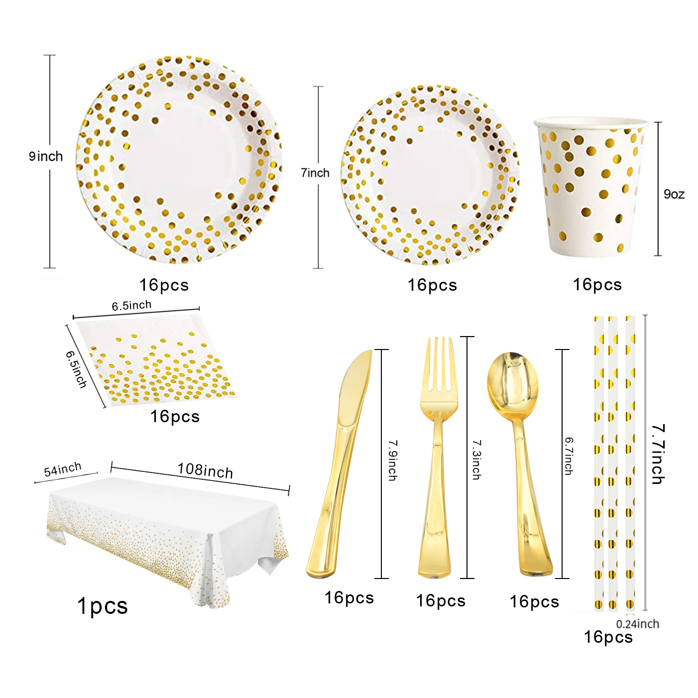 16 Guests Gilding  Of Dot Gold Theme Party Supplies Set paper plates cups straw Degradable Disposable Tableware