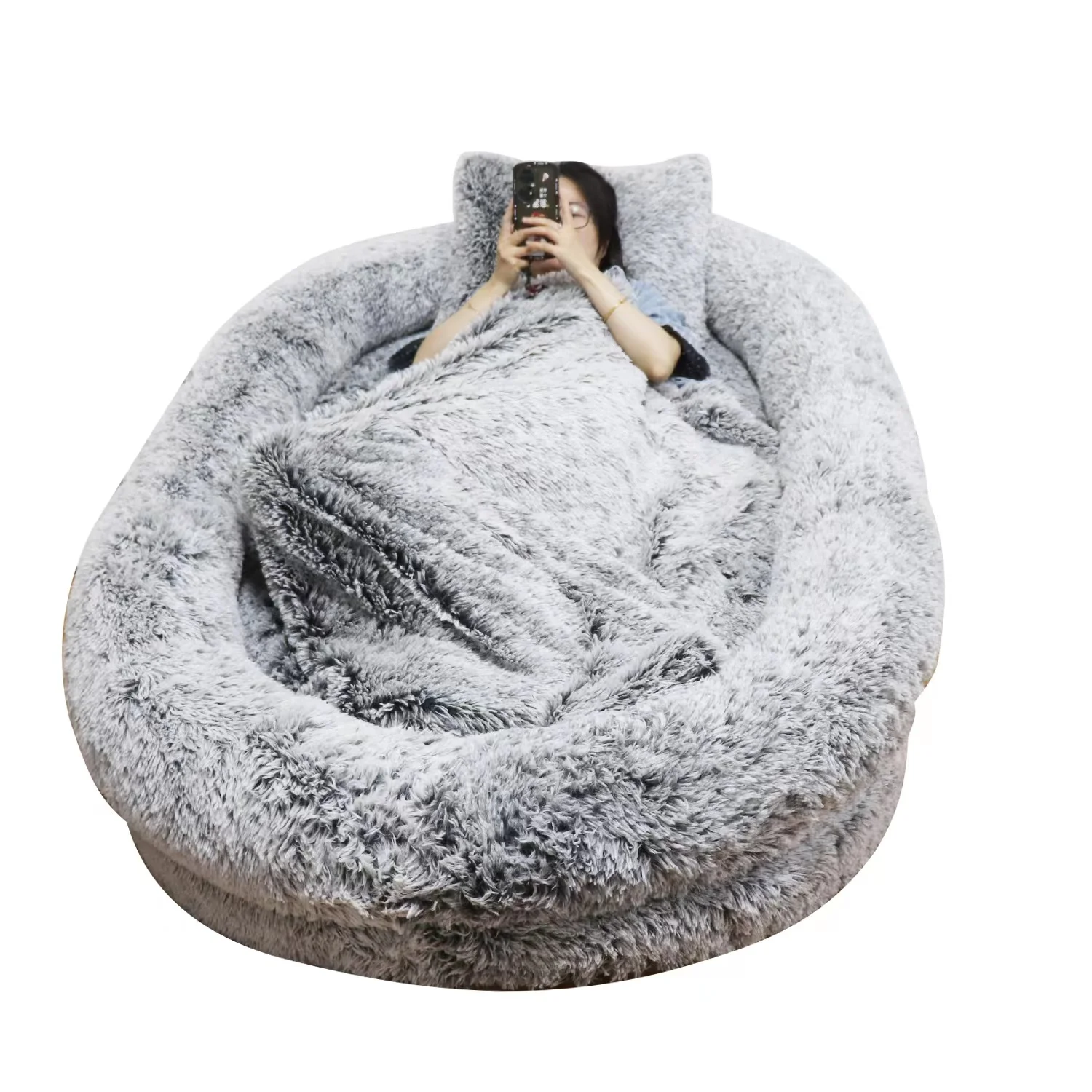 Grey Large Bean Bag Bed with Blankets  Orthopedic Human Dog Bed
