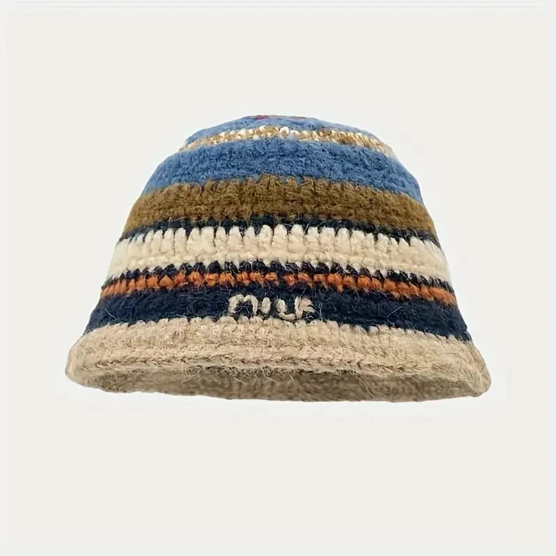 New Arrival Women Colorful Knitted Hand-hooked Striped Bucket Hat For Autumn And Winter crochet knit bucket