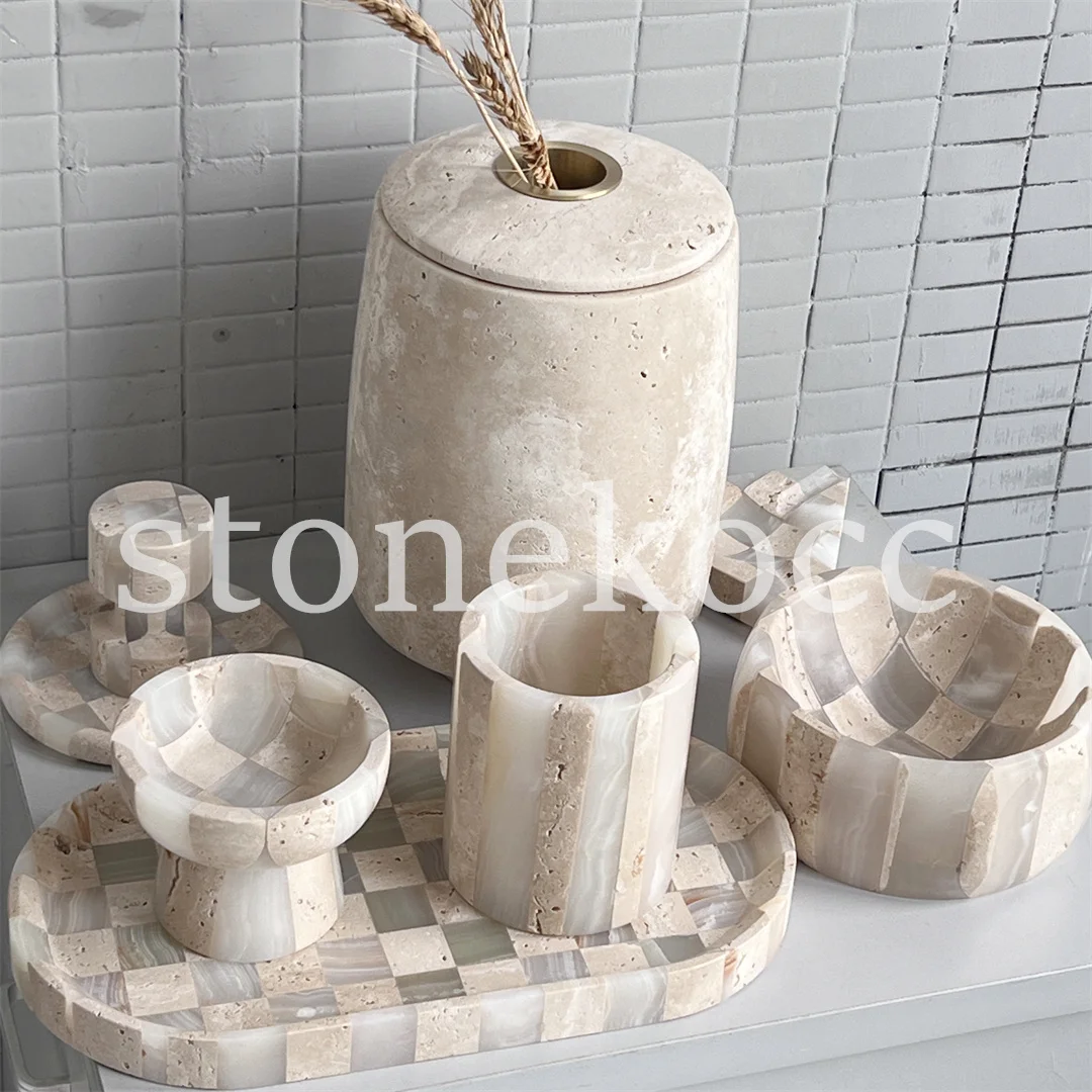 stonekocc Travertine And Onyx Mixed Color Wabi-Sabi Luxury Natural Decorative Marble Ornament Home Decoration
