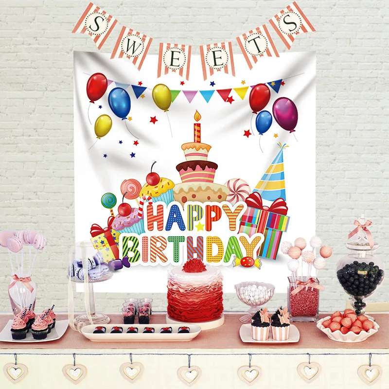 Ins Happy Birthday Party Background Decorative Polyester Peach Skin Fabric Rectangle Home Wall Hanging Tapestry