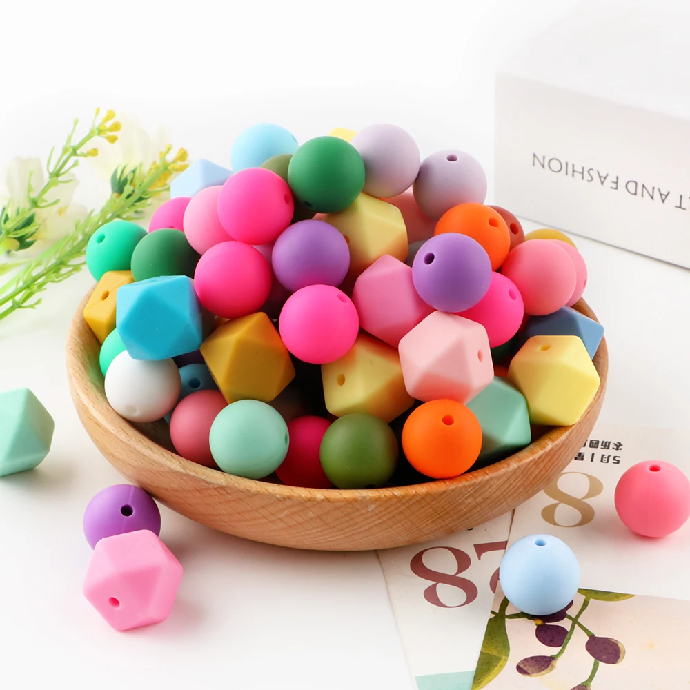 100PCS Mixed Bpa Free Chewable Loose Soft Food Grade Baby Teething Beads 14mm Polyhedral Bead 15mm Round Silicone Bead Wholesale
