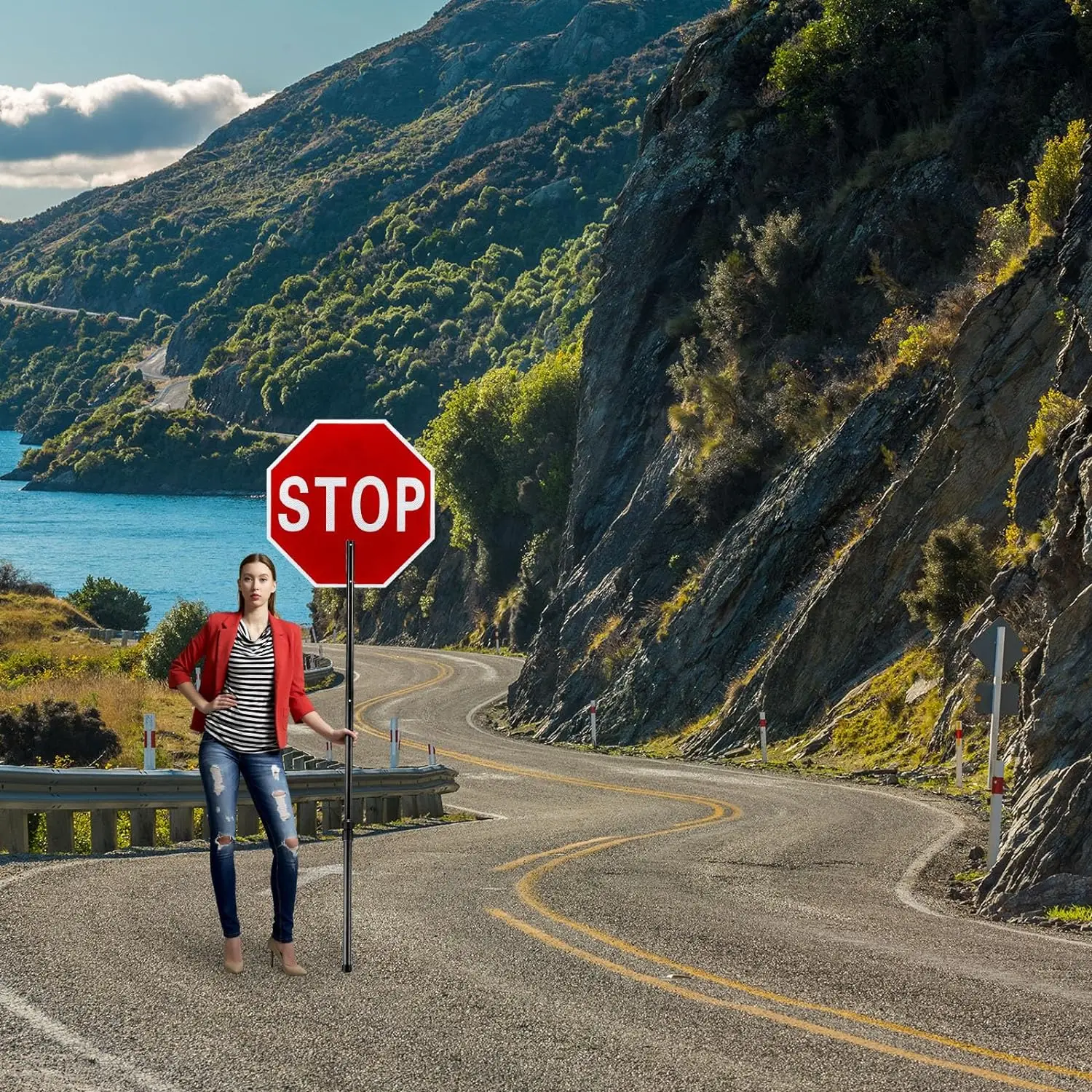 Telescopic Stretchable Staff Double Sided Stop/Slow Guard Paddle Honeycomb Reflective Road Stop Signs