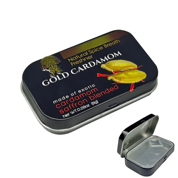 Oral lozenge mints chewing gum health supplement hinged flip lid small metal tin box with plastic inner lid