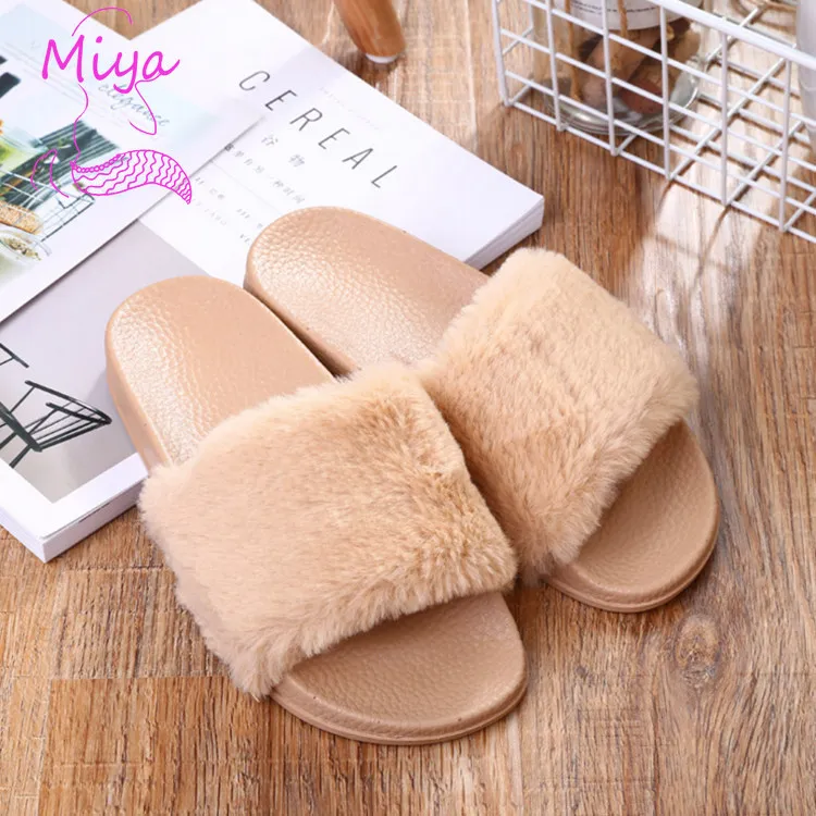 FR-2024 Latest fall winter Furry Slipper for Women Candy Colors Pompom Fur Upper Opern Toe EVA Sole Casual Home Flat Fur Slipper