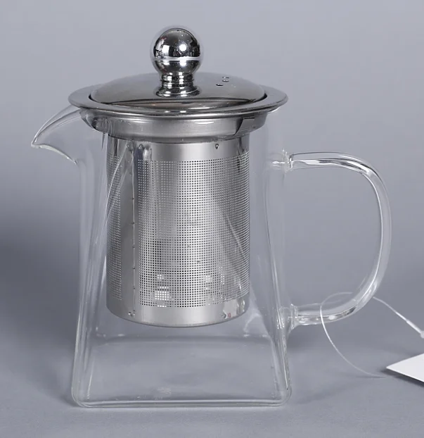New design square shape pyrex glass teapot with handle and stainless steel infuser