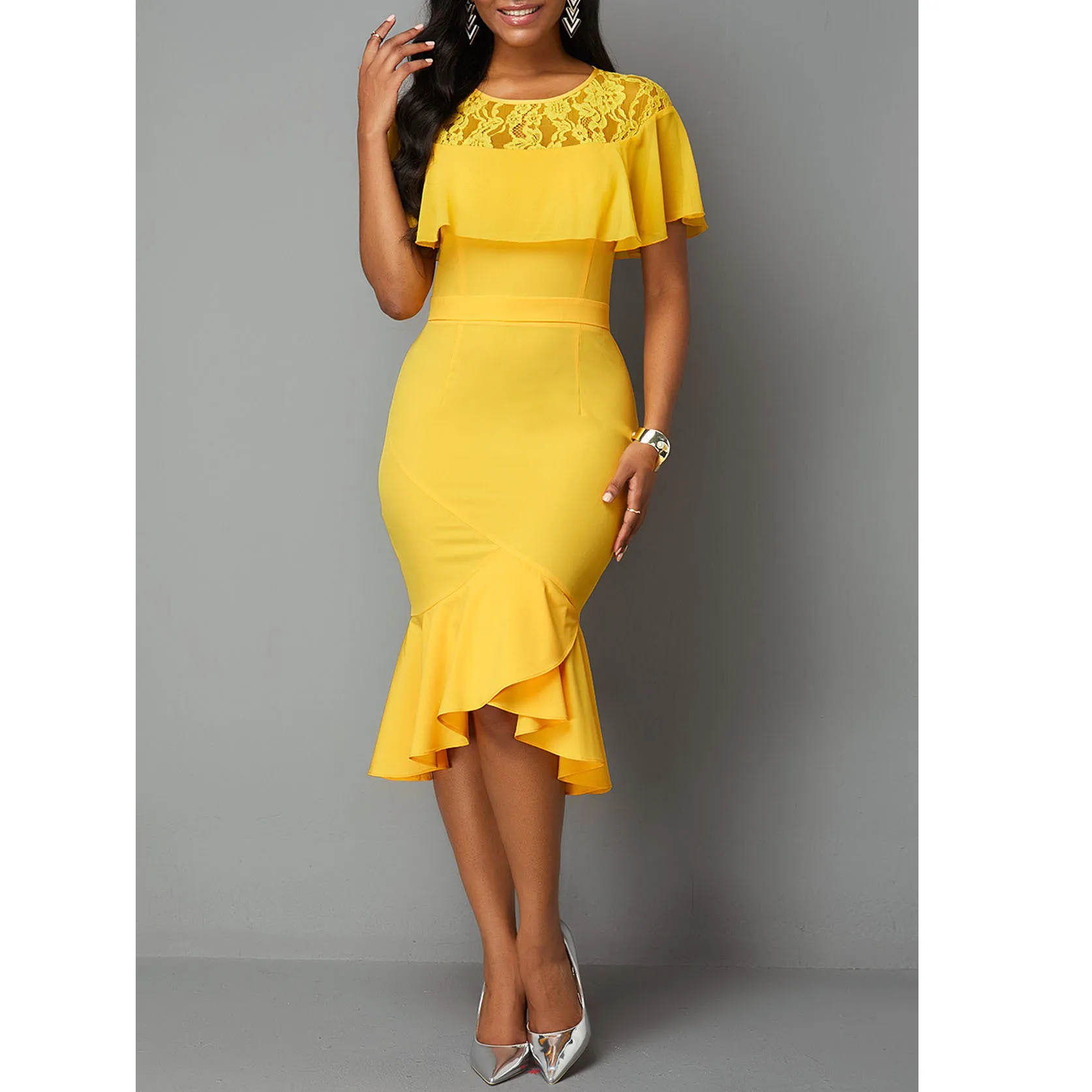 Large Size Lace Stitching Short Sleeve Plain Color Office Professional Dress Fish Tail Skirt