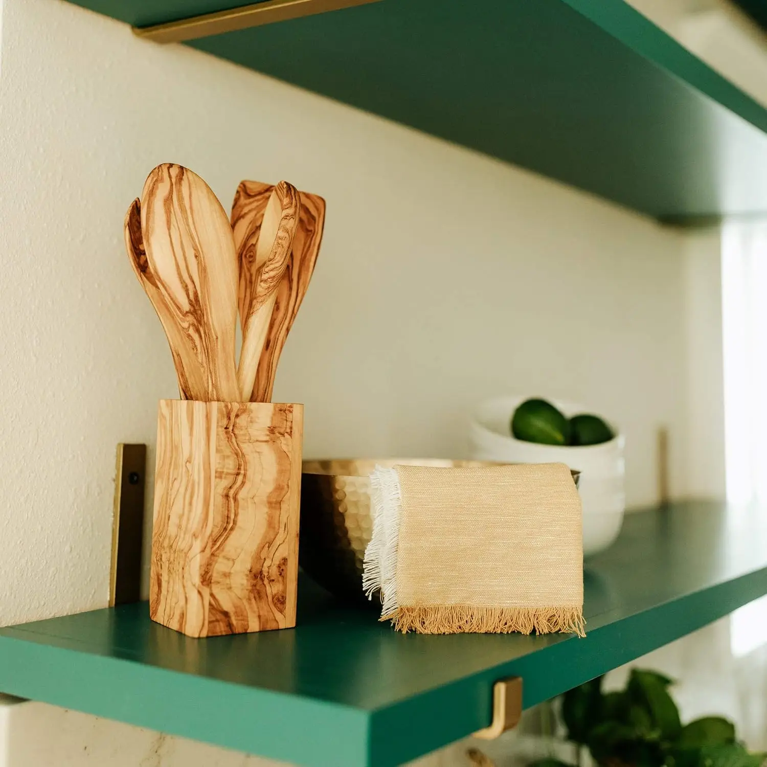 Olive Wood Utensil Holder 6 Inch Tall Square Wooden Crock for Kitchen Tools and Cooking