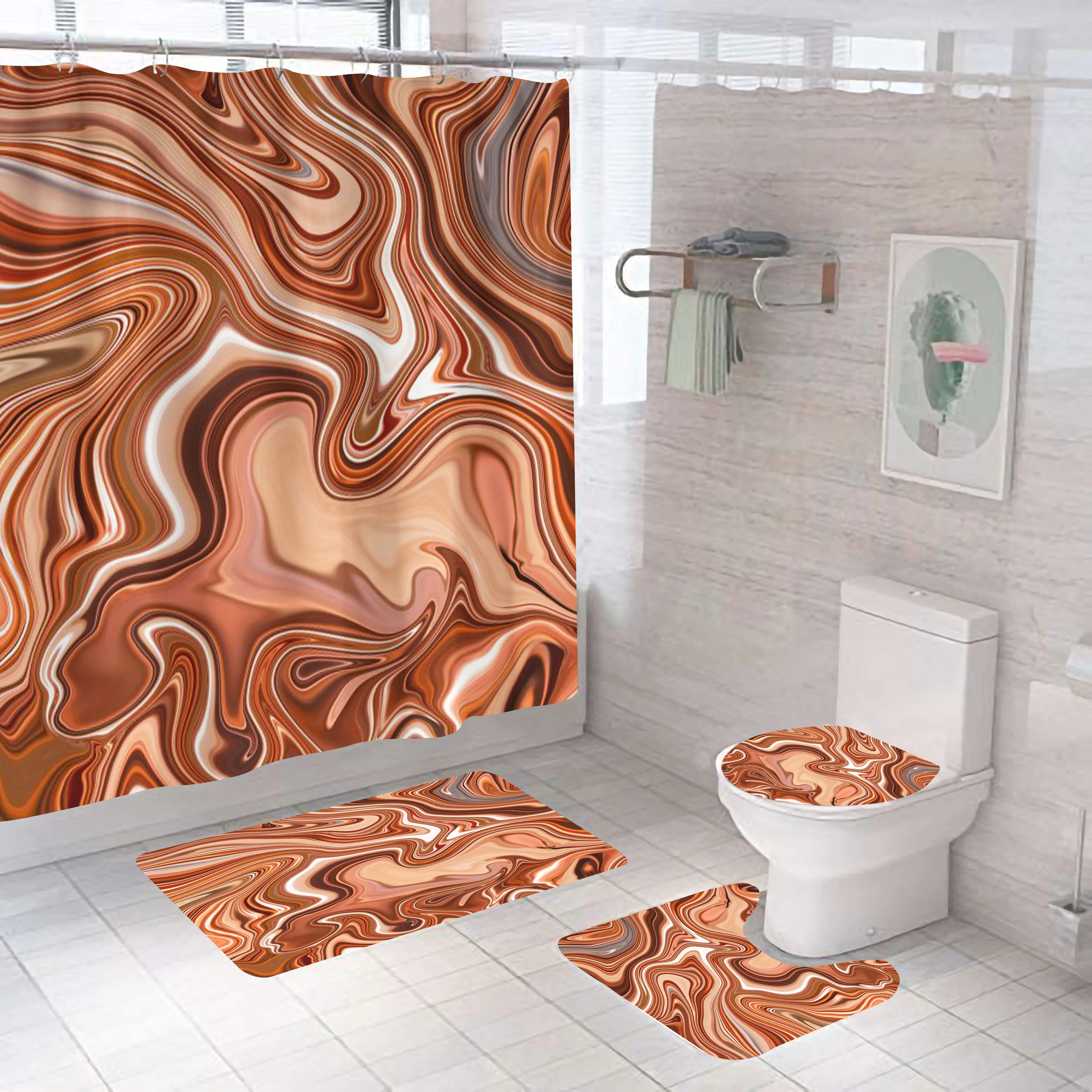 Luxury Marble Bathroom Shower Curtain Sets with Shower Curtain, Toilet Lid Rug, Contour Mat and Bath Mat with 12 Hooks